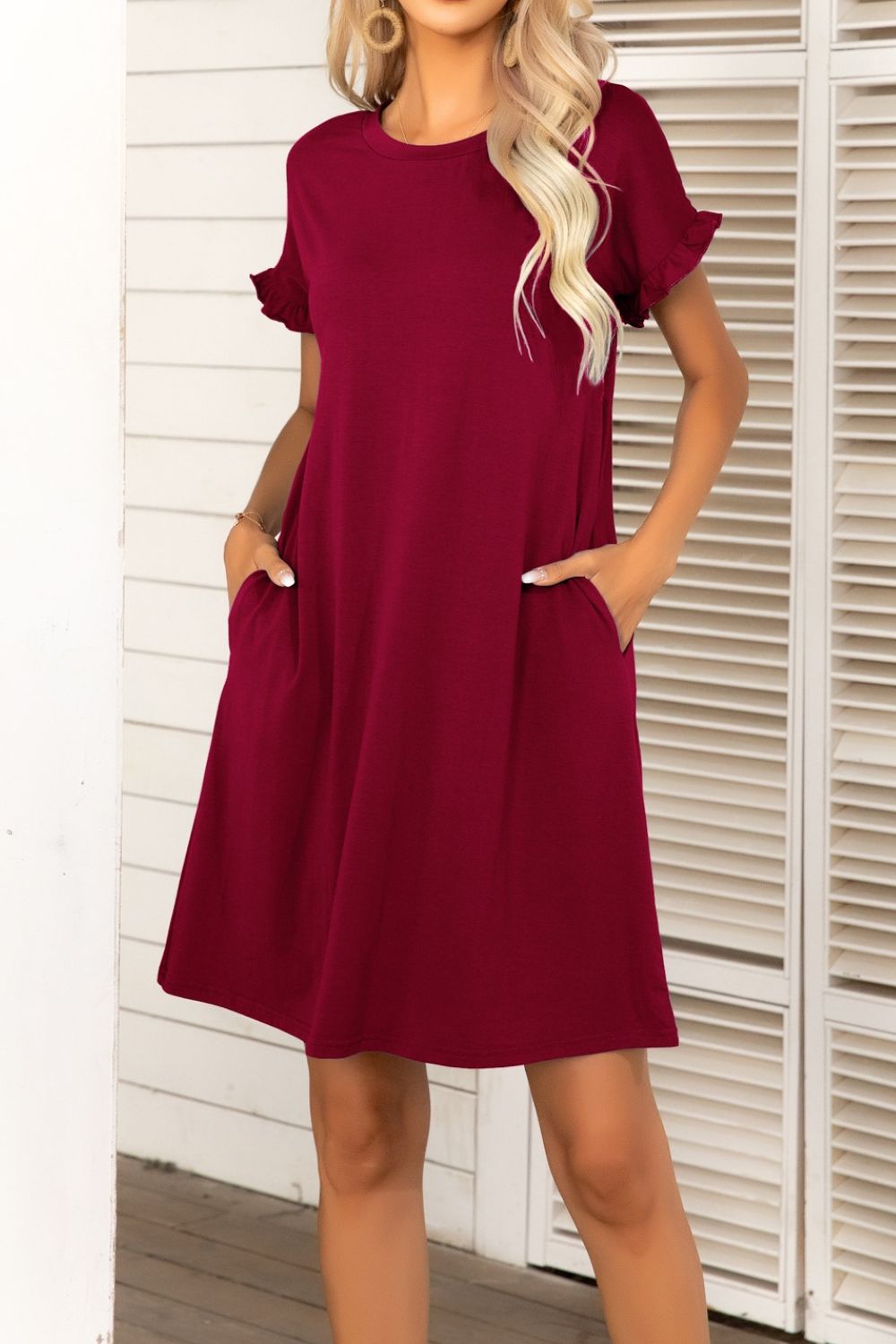 Flounce Sleeve Round Neck Dress with Pockets - Dress - Wine - Bella Bourget