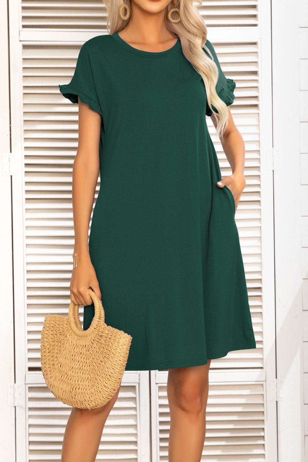 Flounce Sleeve Round Neck Dress with Pockets - Dress - Forest - Bella Bourget