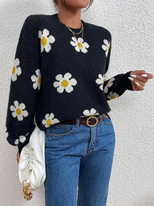 Flower Round Neck Latern Sleeve Sweater - Sweater - Black - Bella Bourget