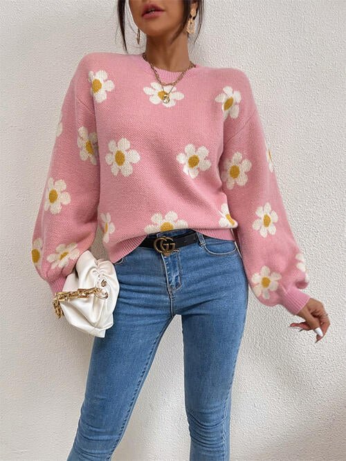 Flower Round Neck Latern Sleeve Sweater - Sweater - Dusty Pink - Bella Bourget