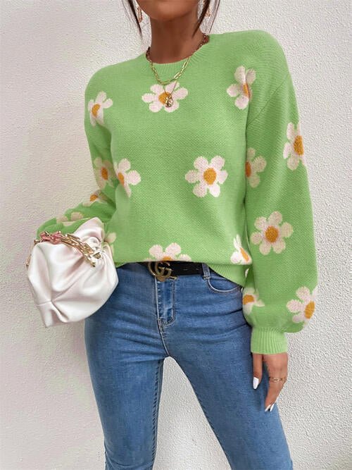 Flower Round Neck Latern Sleeve Sweater - Sweater - Mid Green - Bella Bourget