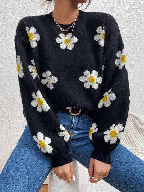 Flower Round Neck Latern Sleeve Sweater - Sweater - Black - Bella Bourget