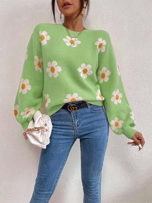 Flower Round Neck Latern Sleeve Sweater - Sweater - Mid Green - Bella Bourget