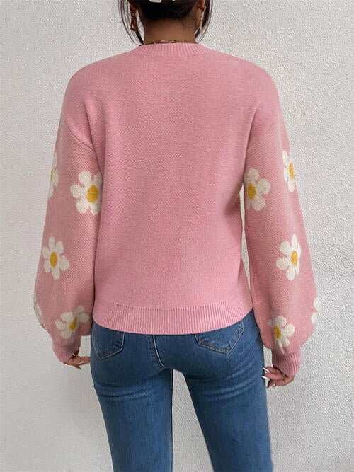 Flower Round Neck Latern Sleeve Sweater - Sweater - Dusty Pink - Bella Bourget