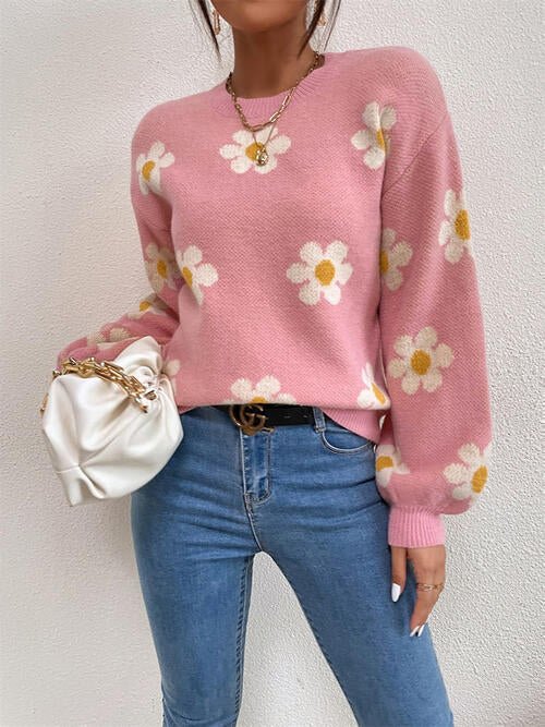 Flower Round Neck Latern Sleeve Sweater - Sweater - Dusty Pink - Bella Bourget