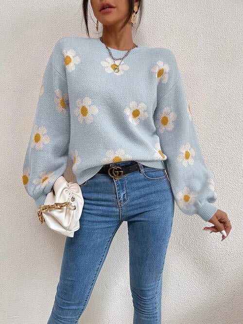 Flower Round Neck Latern Sleeve Sweater - Sweater - Misty Blue - Bella Bourget