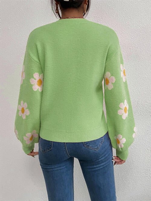 Flower Round Neck Latern Sleeve Sweater - Sweater - Mid Green - Bella Bourget