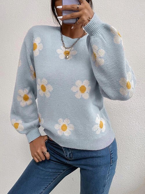 Flower Round Neck Latern Sleeve Sweater - Sweater - Misty Blue - Bella Bourget