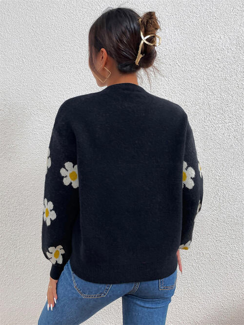 Flower Round Neck Latern Sleeve Sweater - Sweater - Black - Bella Bourget