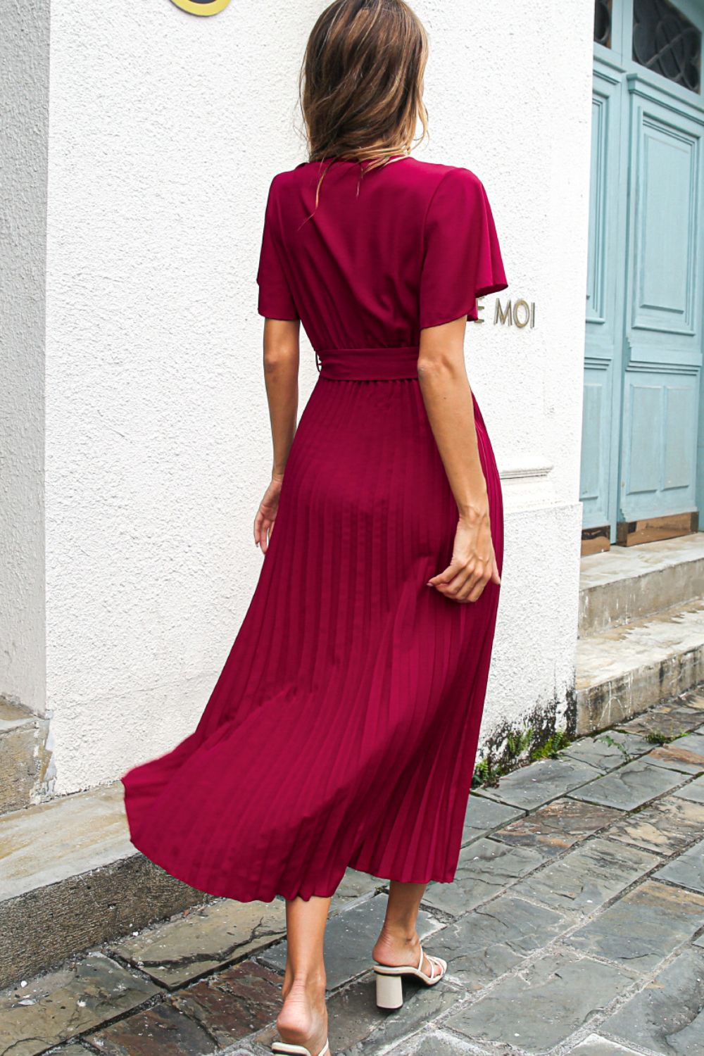 Flutter Sleeve Belted Surplice Midi Dress - Dress - Wine - Bella Bourget