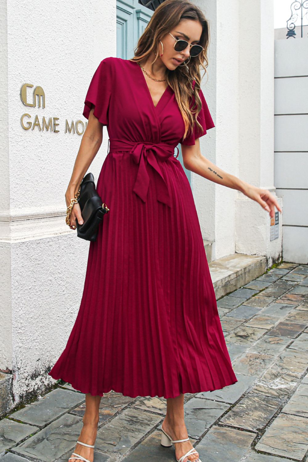 Flutter Sleeve Belted Surplice Midi Dress - Dress - Wine - Bella Bourget