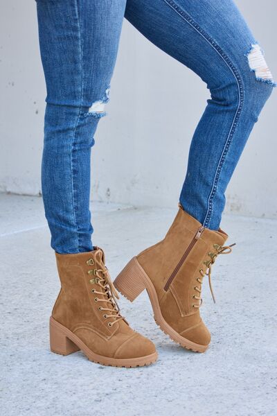 Forever Link Lace - Up Zipper Detail Block Heel Boots - shoes - TAN - Bella Bourget