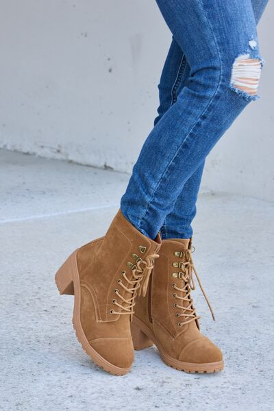 Forever Link Lace - Up Zipper Detail Block Heel Boots - shoes - TAN - Bella Bourget