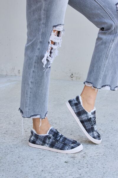 Forever Link Plaid Plush Flat Sneakers - shoes - BLACK PLAID - Bella Bourget