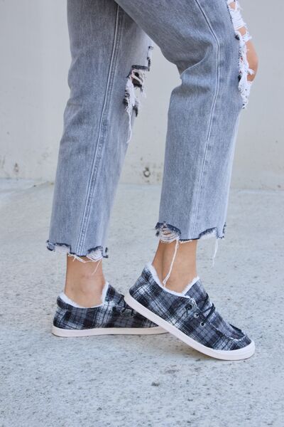 Forever Link Plaid Plush Flat Sneakers - shoes - BLACK PLAID - Bella Bourget