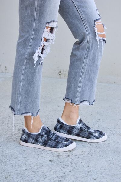 Forever Link Plaid Plush Flat Sneakers - shoes - BLACK PLAID - Bella Bourget