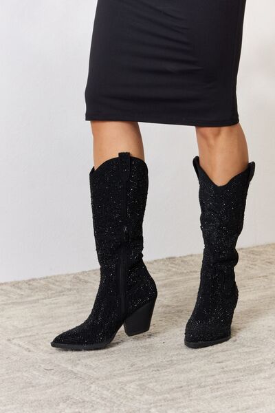 Forever Link Rhinestone Knee High Cowboy Boots - shoes - Black - Bella Bourget