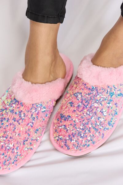 Forever Link Sequin Plush Round Toe Slippers - shoes - PINK - Bella Bourget