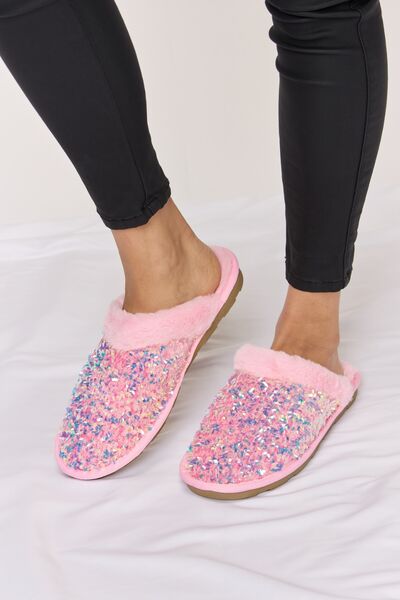 Forever Link Sequin Plush Round Toe Slippers - shoes - PINK - Bella Bourget