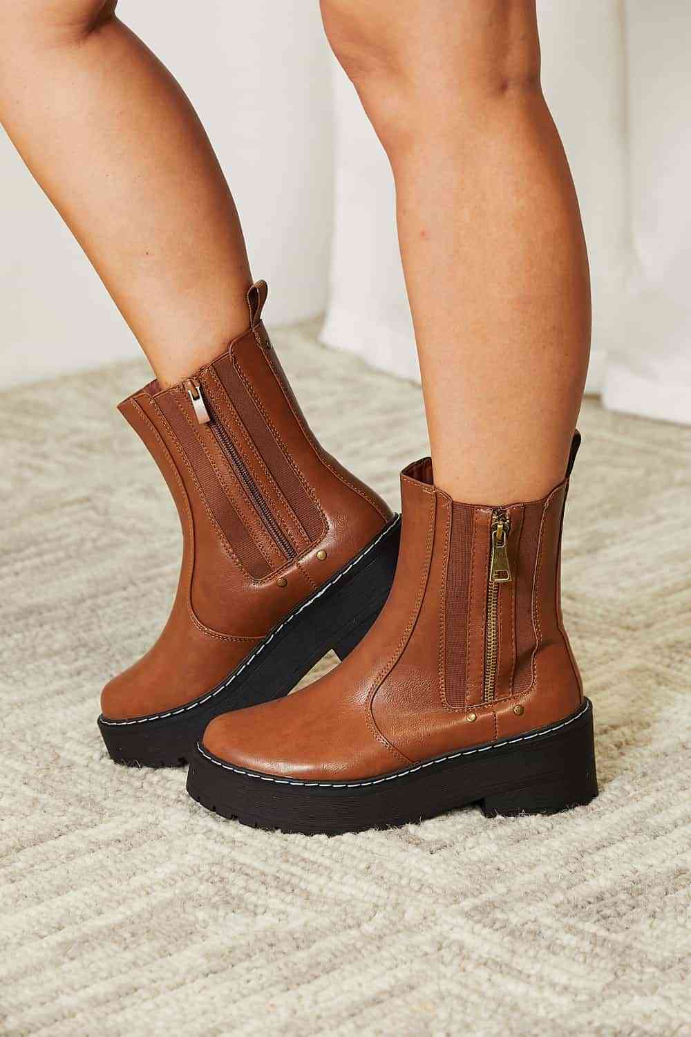 Forever Link Side Zip Platform Boots - shoes - Chestnut - Bella Bourget