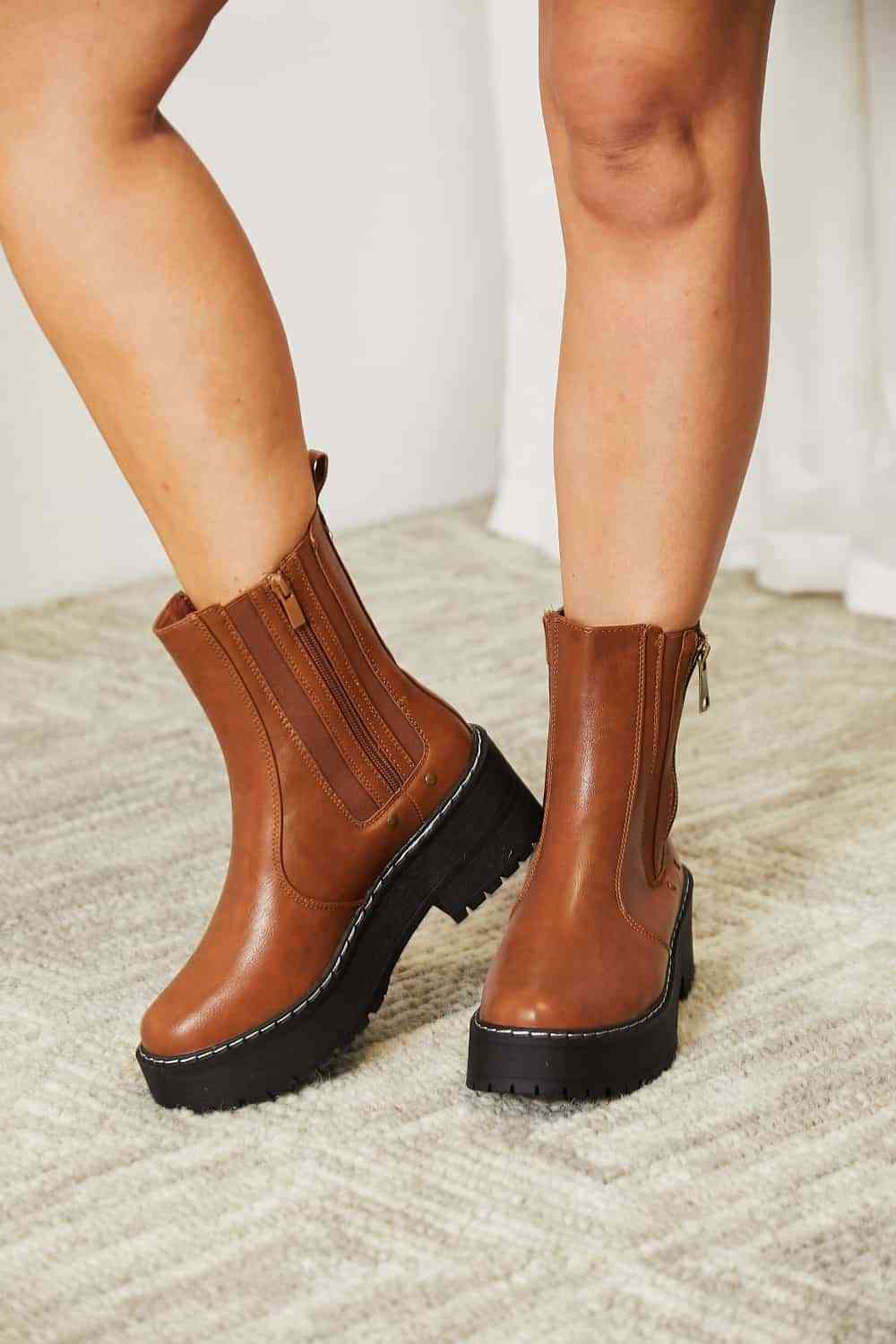 Forever Link Side Zip Platform Boots - shoes - Chestnut - Bella Bourget