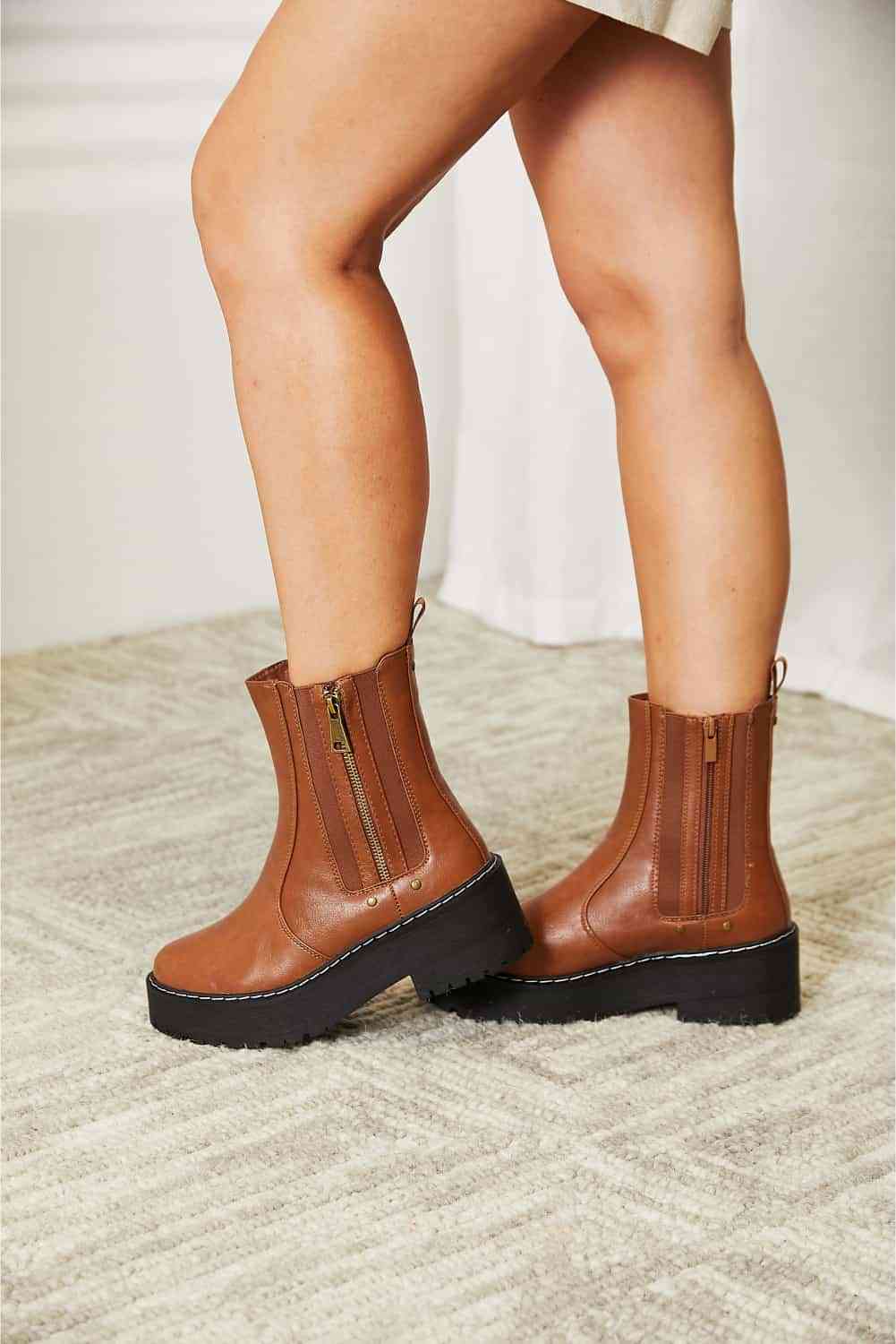 Forever Link Side Zip Platform Boots - shoes - Chestnut - Bella Bourget