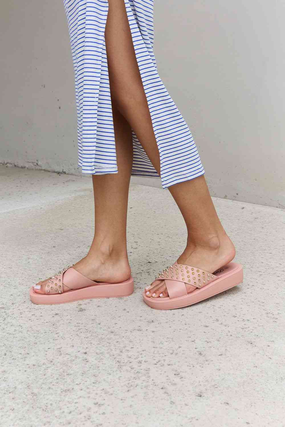 Forever Link Studded Cross Strap Sandals in Blush - shoes - Blush - Bella Bourget