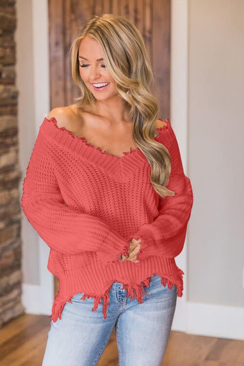 Frayed Hem Dropped Shoulder Sweater - Sweater - Coral - Bella Bourget