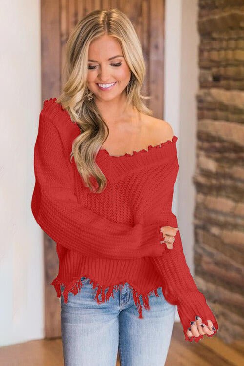 Frayed Hem Dropped Shoulder Sweater - Sweater - Red - Bella Bourget