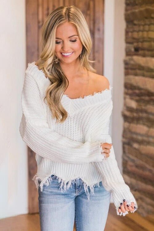 Frayed Hem Dropped Shoulder Sweater - Sweater - White - Bella Bourget