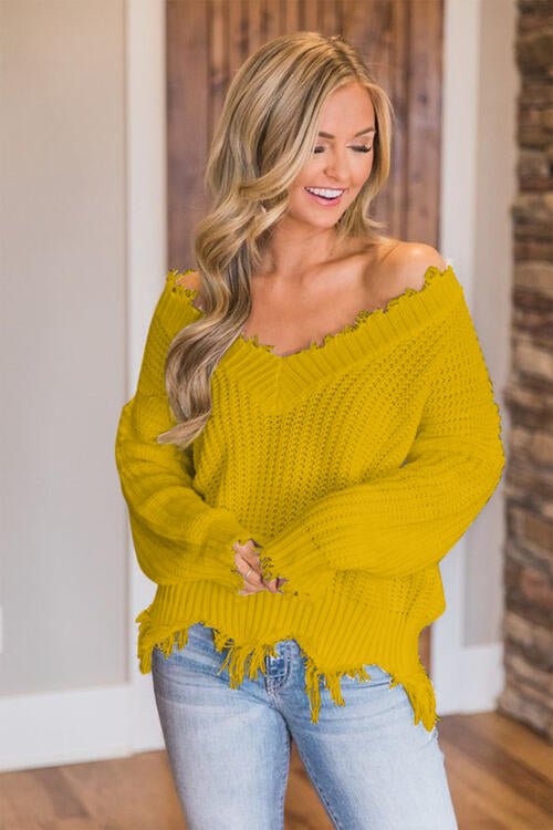 Frayed Hem Dropped Shoulder Sweater - Sweater - Chartreuse - Bella Bourget