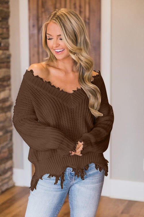 Frayed Hem Dropped Shoulder Sweater - Sweater - Chestnut - Bella Bourget