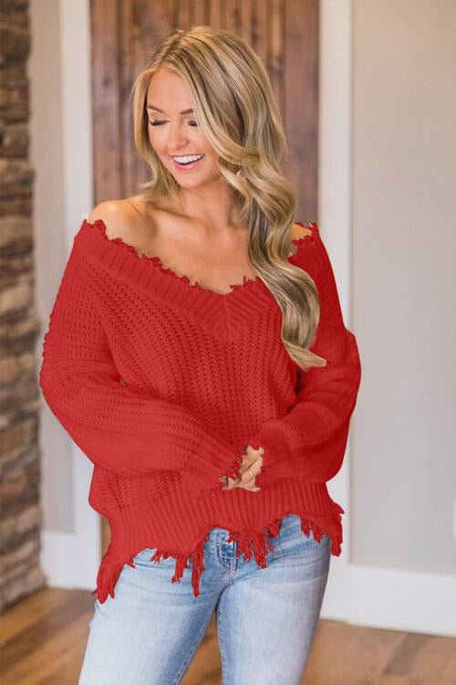 Frayed Hem Dropped Shoulder Sweater - Sweater - Red - Bella Bourget