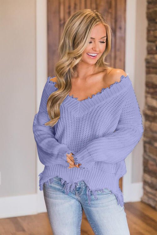 Frayed Hem Dropped Shoulder Sweater - Sweater - Lavender - Bella Bourget