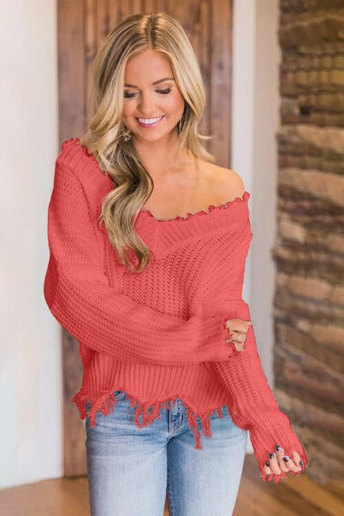 Frayed Hem Dropped Shoulder Sweater - Sweater - Coral - Bella Bourget