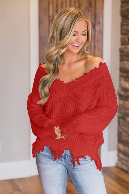 Frayed Hem Dropped Shoulder Sweater - Sweater - Red - Bella Bourget