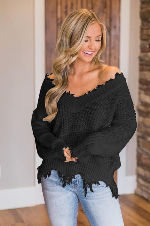 Frayed Hem Dropped Shoulder Sweater - Sweater - Black - Bella Bourget