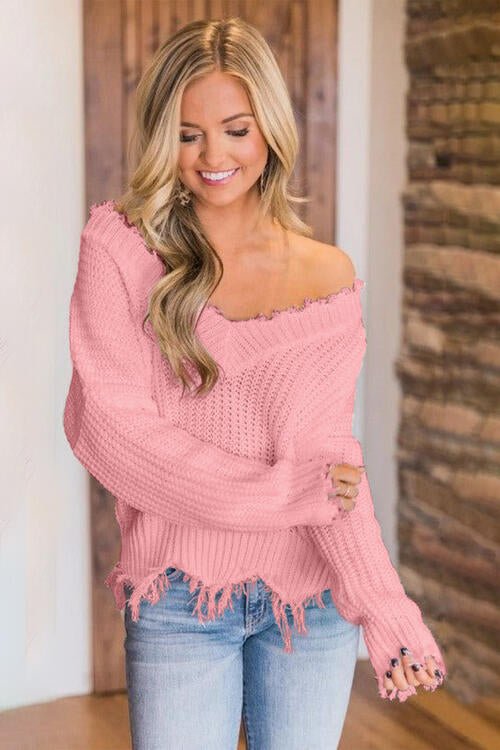 Frayed Hem Dropped Shoulder Sweater - Sweater - Dusty Pink - Bella Bourget