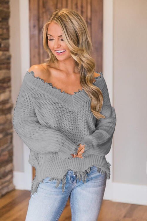 Frayed Hem Dropped Shoulder Sweater - Sweater - Cloudy Blue - Bella Bourget