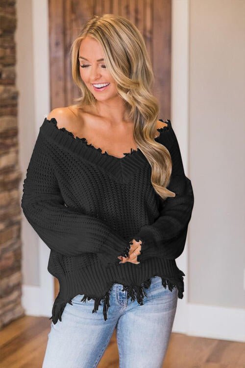 Frayed Hem Dropped Shoulder Sweater - Sweater - Black - Bella Bourget