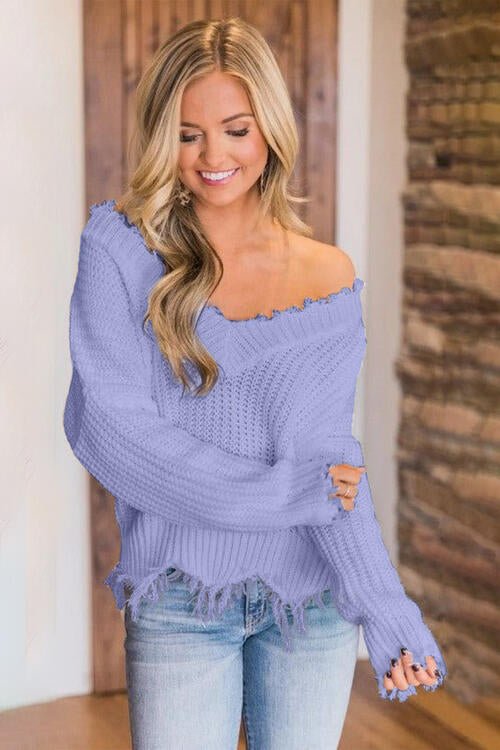 Frayed Hem Dropped Shoulder Sweater - Sweater - Lavender - Bella Bourget