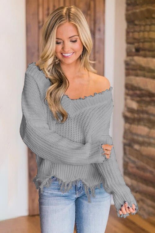 Frayed Hem Dropped Shoulder Sweater - Sweater - Cloudy Blue - Bella Bourget