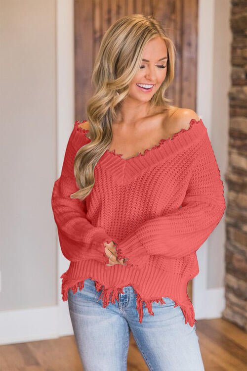 Frayed Hem Dropped Shoulder Sweater - Sweater - Coral - Bella Bourget