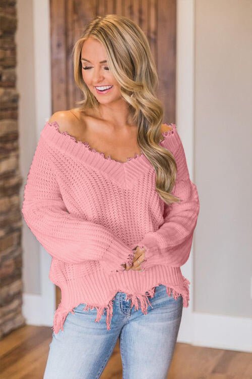 Frayed Hem Dropped Shoulder Sweater - Sweater - Dusty Pink - Bella Bourget