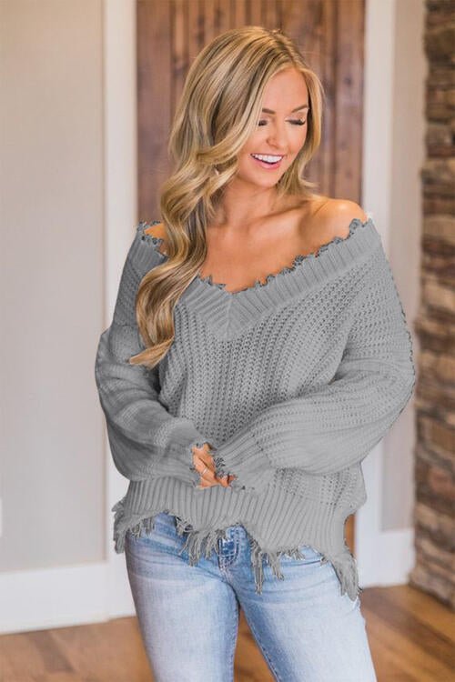 Frayed Hem Dropped Shoulder Sweater - Sweater - Cloudy Blue - Bella Bourget