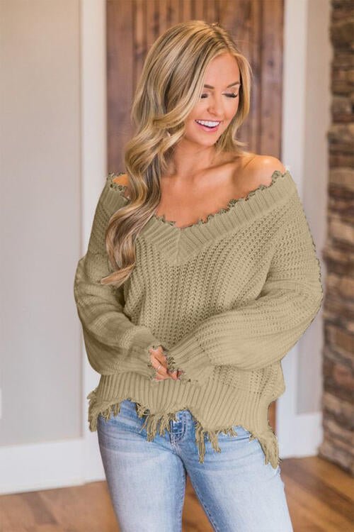 Frayed Hem Dropped Shoulder Sweater - Sweater - Khaki - Bella Bourget