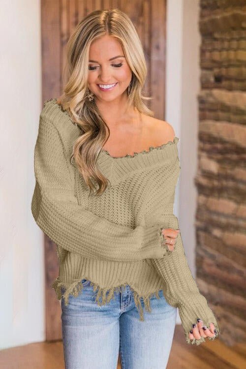 Frayed Hem Dropped Shoulder Sweater - Sweater - Khaki - Bella Bourget