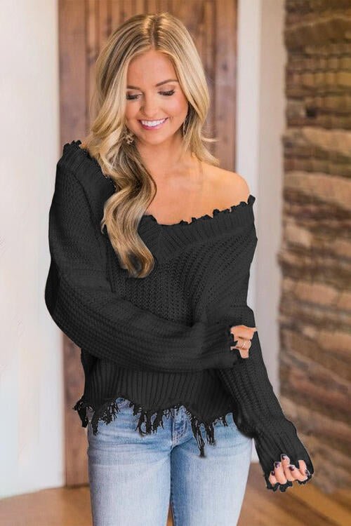 Frayed Hem Dropped Shoulder Sweater - Sweater - Black - Bella Bourget