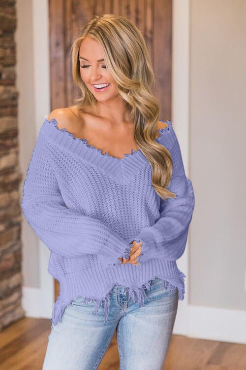 Frayed Hem Dropped Shoulder Sweater - Sweater - Lavender - Bella Bourget