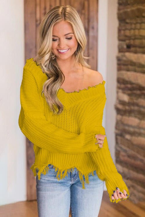 Frayed Hem Dropped Shoulder Sweater - Sweater - Chartreuse - Bella Bourget